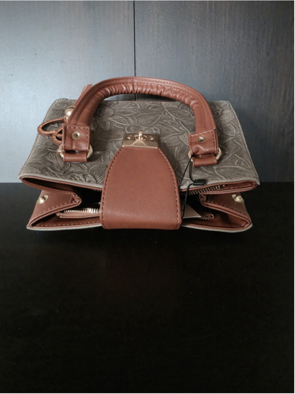 Gray Moss Green Tasseled Floral Embossed Tooled Artisan LEATHER Crossbody Purse - Picture 11 of 16